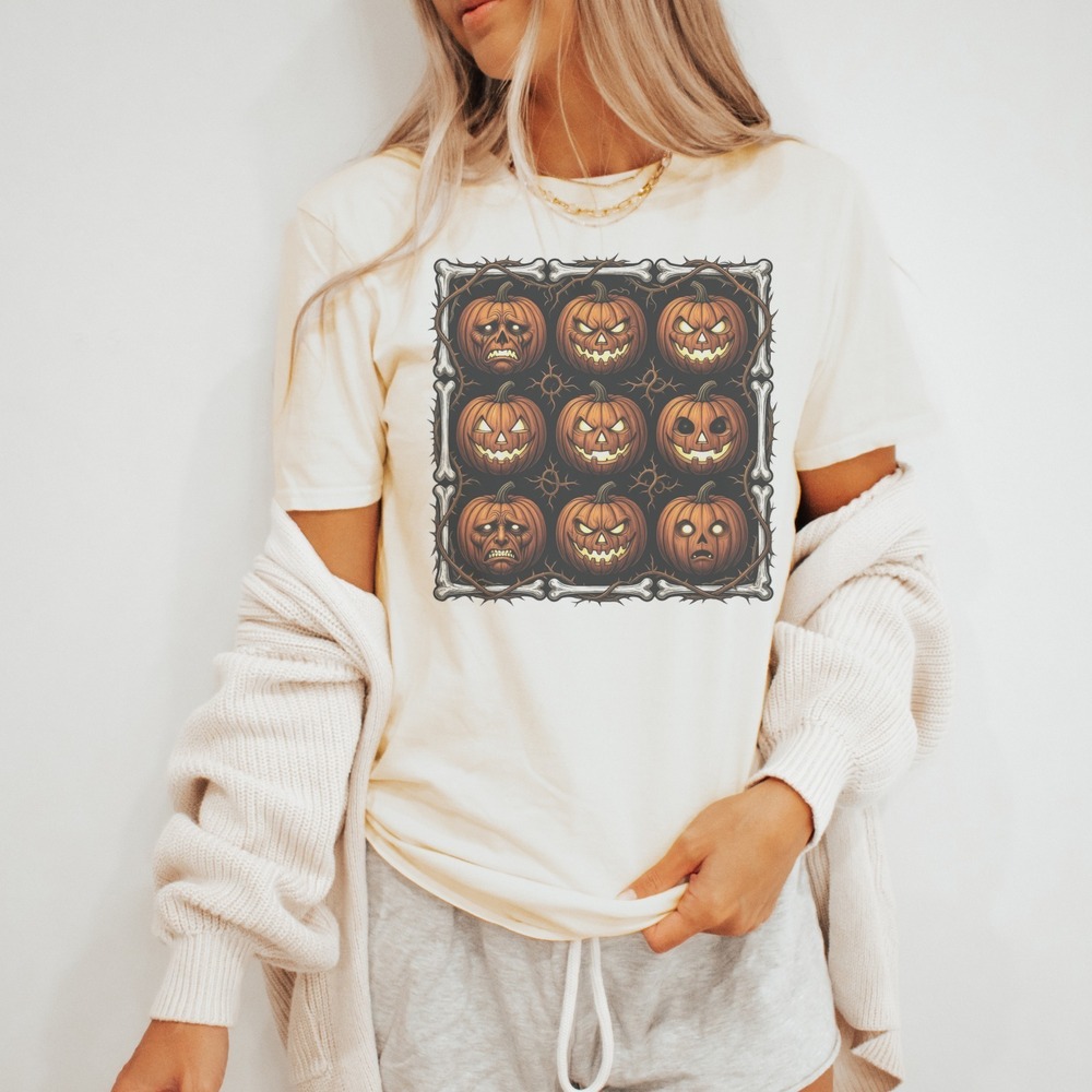 Nine Jack-o-Lanterns Framed in Bones and Thorns Tee